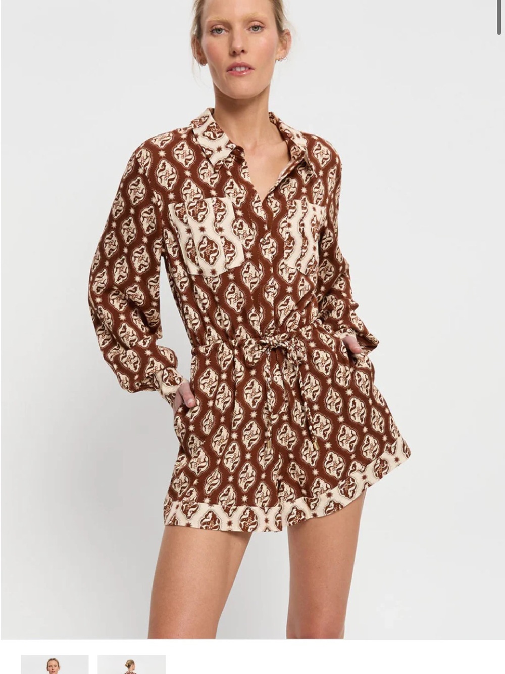 Kivari Brown & Cream Printed Button-Front Romper